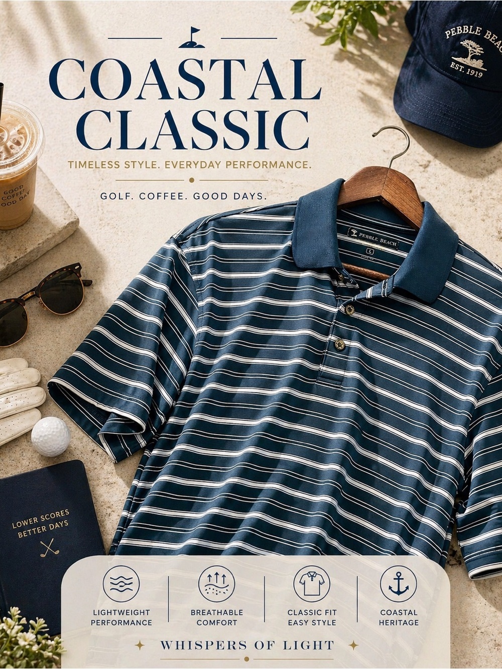 Pebble Beach Striped Golf Polo Blue Performance Shirt Men’s L Coastal Classic